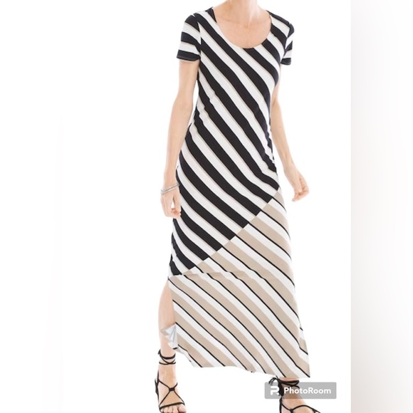 Chico's Dresses & Skirts - Zenergy by Chicos Diagonal Stripe Maxi Dress Side Slit Size 2 (Large) Cap Sleeve